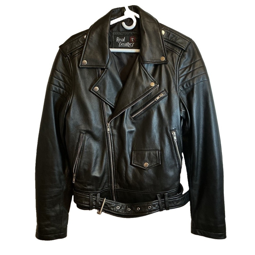 Men's Real Leather Brand Brando Motorcycle Black Biker Jacket - Size M (38 - 40)